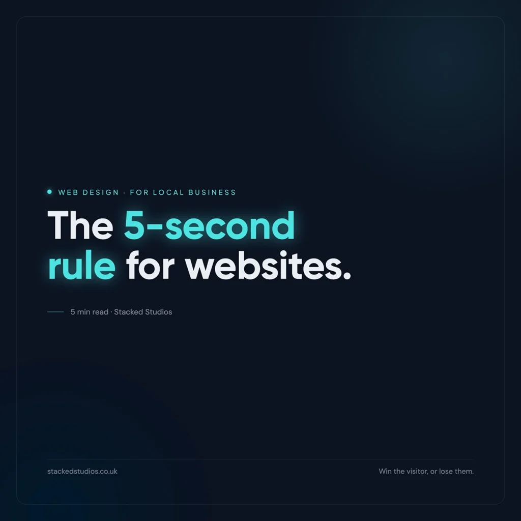 Blog cover: 'The 5-second rule for websites' in white and teal on a dark navy background.